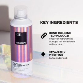 IGK Antisocial Travel Dry Hair Mask - Leave-in Overnight Mask | Hair Bond-Building Treatment for Dry Hair | Overnight Hydration & Shine | Repairs, Softens & Perfect for Extensions (1.7 oz)