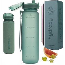 Hydracy Water Bottle with Time Marker - Large 32 oz BPA Free Gym Bottle & No Sweat Sleeve -Leak Proof Lid with Fruit Infuser Strainer & Times to Drink - Ideal for Fitness Sports & Outdoors