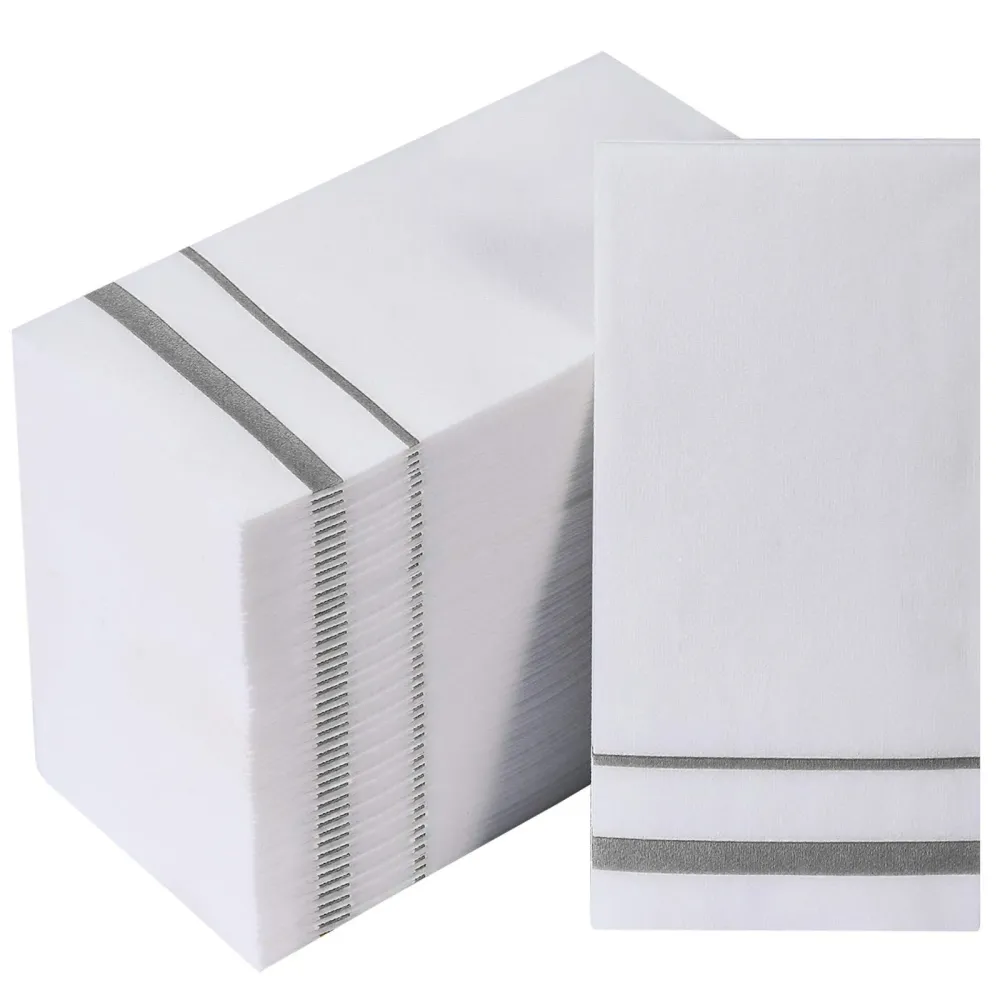 FOCUSLINE 200 Linen Feel Disposable Bathroom Napkins, Soft and Absorbent Paper Guest Towels, Cloth-Like Hand Towels Decorative Paper Napkins for Parties, Weddings, Dinners or Events, Silver, 12 x 17 FOCUSLINE 200 Linen Feel Disposable Bathroom Napkins, Soft and Absorbent Paper Guest Towels, Cloth-Like Hand Towels Decorative Paper Napkins for Parties, Weddings, Dinners or Events, Silver, 12 x 17