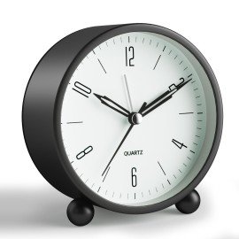 Analog Alarm Clock, 4 inch Super Silent Non Ticking Small Clock with Night Light, Battery Operated, Simple Design, Old Fashioned Style Black Decor, for Bedroom, Bedside, Desk, Adult, Kid, Gift, Black