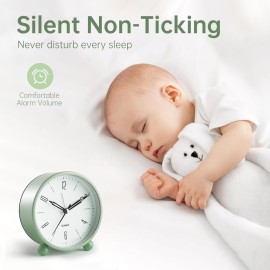 Analog Alarm Clock, 4 inch Super Silent Non Ticking Small Clock with Night Light, Battery Operated, Simple Design, Old Fashioned Style Ideal Decor, for Bedroom, Bedside, Desk, Adult, Kid, Gift, Green Analog Alarm Clock, 4 inch Super Silent Non Ticking Small Clock with Night Light, Battery Operated, Simple Design, Old Fashioned Style Ideal Decor, for Bedroom, Bedside, Desk, Adult, Kid, Gift, Green