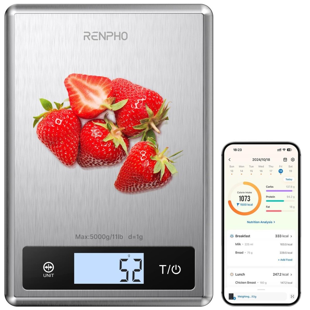 RENPHO Smart Food Kitchen Scale, Food Weight Scale with Nutritional Calculator, Digital Food Scale Grams and Ounces for Weight Loss, Calorie, Macro and Cooking, Stainless Steel RENPHO Smart Food Kitchen Scale, Food Weight Scale with Nutritional Calculator, Digital Food Scale Grams and Ounces for Weight Loss, Calorie, Macro and Cooking, Stainless Steel