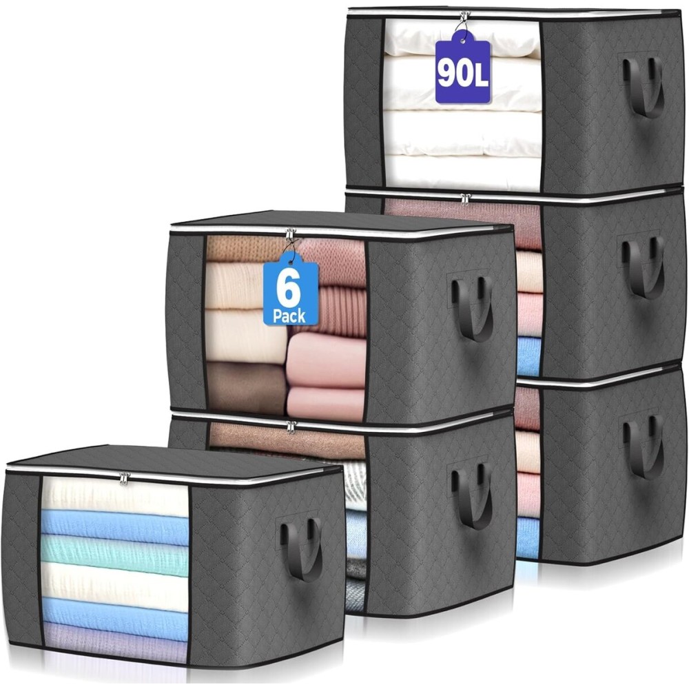 90 L Large Storage Bags, 6 Pack Clothes Storage Bins Foldable Closet Organizers Storage Containers with Reinforced Handle for Clothing, Blanket, Comforters, Bed Sheets, Pillows and Toys (Gray) 90 L Large Storage Bags, 6 Pack Clothes Storage Bins Foldable Closet Organizers Storage Containers with Reinforced Handle for Clothing, Blanket, Comforters, Bed Sheets, Pillows and Toys (Gray)