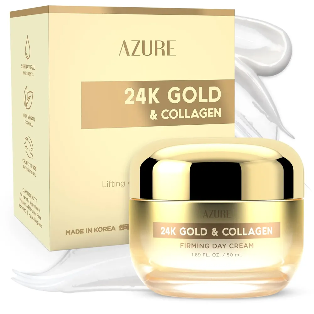 Azure Cosmetics Dermatologist Tested 24K Gold & Collagen Face Moisturizer - K Beauty Anti-Aging Face Cream for Firming & Skin Tightening - Korean Skincare - All Skin Type 1.69 fl oz Azure Cosmetics Dermatologist Tested 24K Gold & Collagen Face Moisturizer - K Beauty Anti-Aging Face Cream for Firming & Skin Tightening - Korean Skincare - All Skin Type 1.69 fl oz