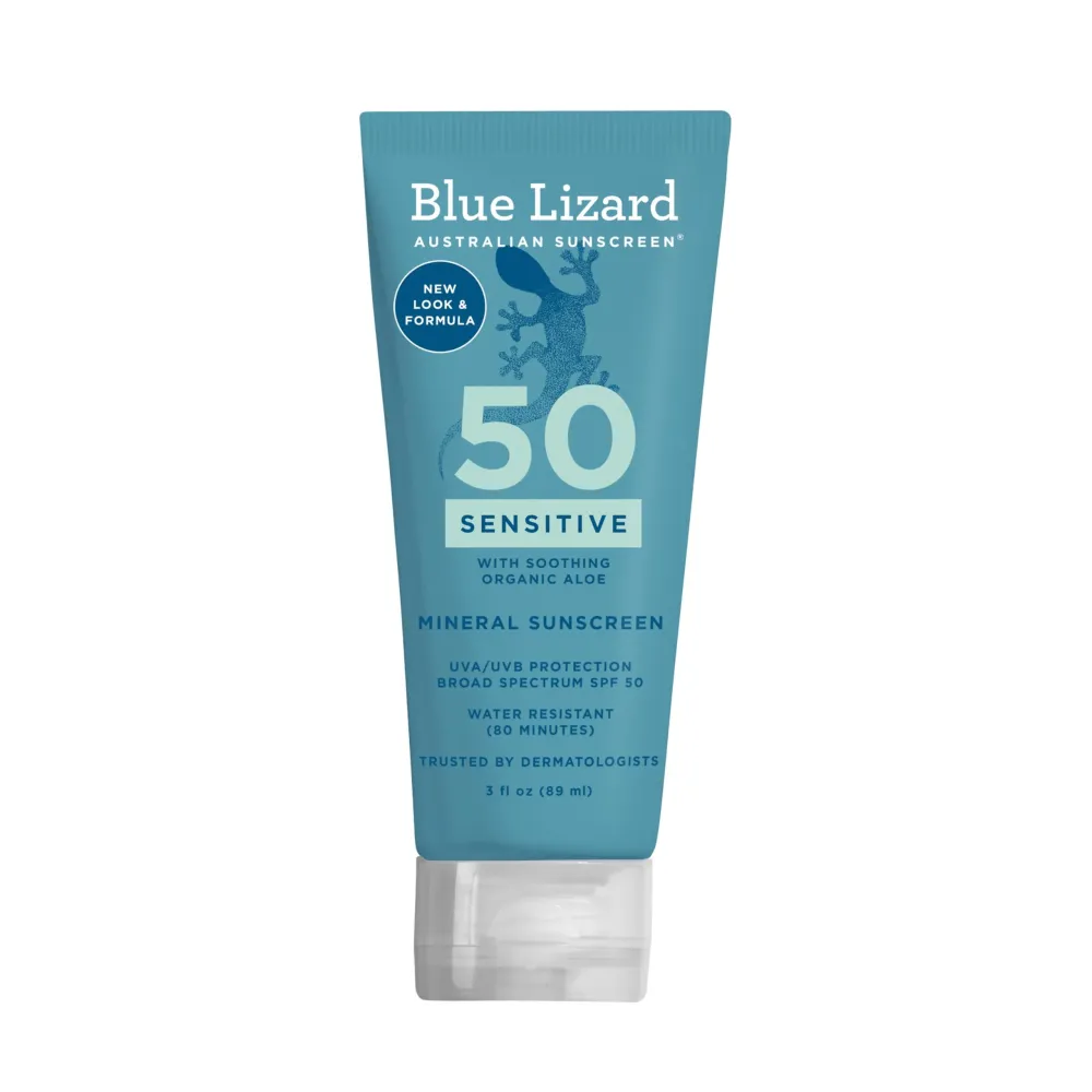 Blue Lizard SENSITIVE Mineral Sunscreen with Zinc Oxide, SPF 50+, Water Resistant, UVA/UVB Protection with Smart Cap Technology - Fragrance Free, 3 oz. Tube Blue Lizard SENSITIVE Mineral Sunscreen with Zinc Oxide, SPF 50+, Water Resistant, UVA/UVB Protection with Smart Cap Technology - Fragrance Free, 3 oz. Tube