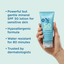 Blue Lizard SENSITIVE Mineral Sunscreen with Zinc Oxide, SPF 50+, Water Resistant, UVA/UVB Protection with Smart Cap Technology - Fragrance Free, 3 oz. Tube Blue Lizard SENSITIVE Mineral Sunscreen with Zinc Oxide, SPF 50+, Water Resistant, UVA/UVB Protection with Smart Cap Technology - Fragrance Free, 3 oz. Tube