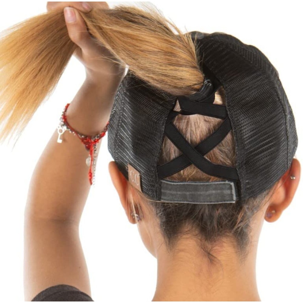 Funky Junque Criss Cross Ponytail Hats for Women Ponytail Hole Messy Bun Ball Cap Adjustable for High or Low Ponytails - Black