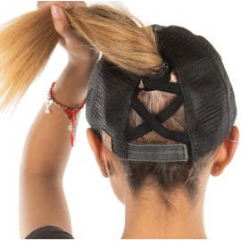 Funky Junque Criss Cross Ponytail Hats for Women Ponytail Hole Messy Bun Ball Cap Adjustable for High or Low Ponytails - Black