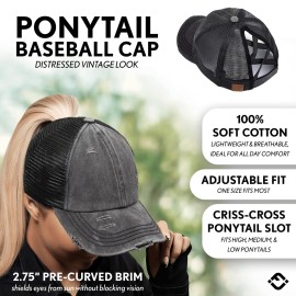 Funky Junque Criss Cross Ponytail Hats for Women Ponytail Hole Messy Bun Ball Cap Adjustable for High or Low Ponytails - Black