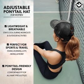 Funky Junque Criss Cross Ponytail Hats for Women Ponytail Hole Messy Bun Ball Cap Adjustable for High or Low Ponytails - Black