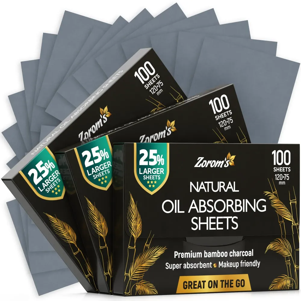 Natural Oil Blotting Sheets for Face with Bamboo Charcoal - 25% Larger - 3pk/300 Makeup Friendly Oil Absorbing Sheets for Face - Easy Dispensing Blotting Papers