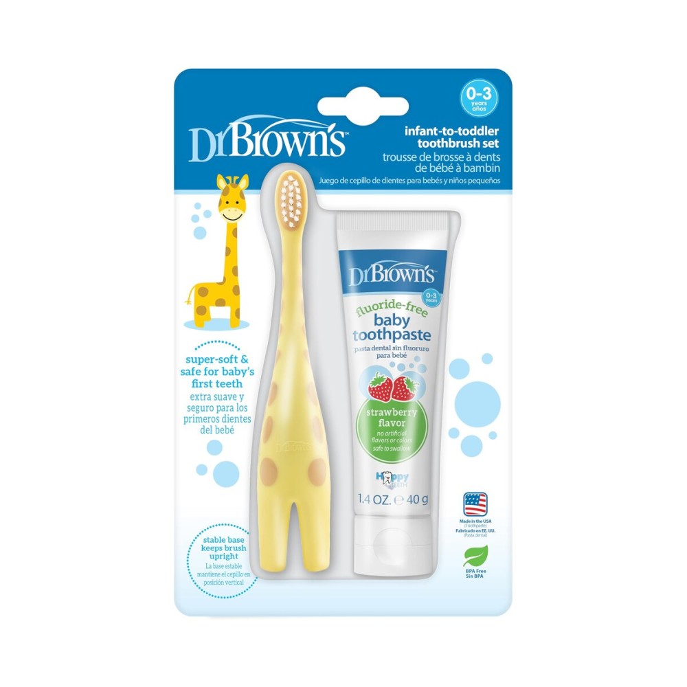 Dr. Brown\'s Infant-to-Toddler Training Toothbrush Set with Fluoride-Free Baby Toothpaste, Strawberry - Giraffe - 1.4oz - 0-3 years Dr. Brown\'s Infant-to-Toddler Training Toothbrush Set with Fluoride-Free Baby Toothpaste, Strawberry - Giraffe - 1.4oz - 0-3 years