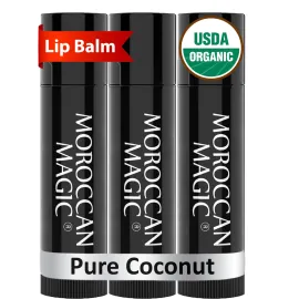 Moroccan Magic Organic Pure Coconut Lip Balm 3 Pack | Ultra-Hydrating Argan & Essential Oil Lip Moisturizer + Vitamin E | Natural Chapsticks for Dry Lips | Smooth, Non-Toxic | Organic Lip Balm Set