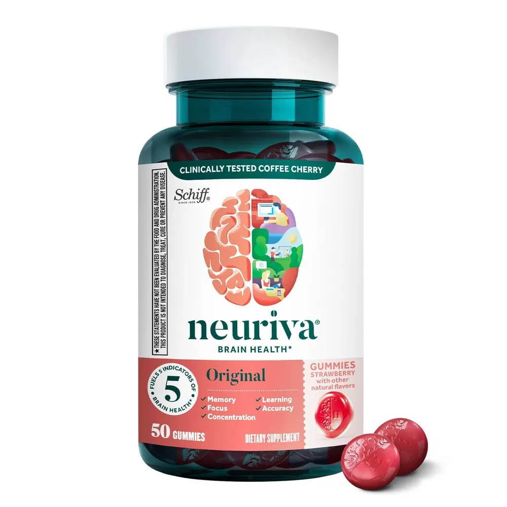NEURIVA Original Brain Supplement for Memory, Focus & Concentration + Learning & Accuracy with Clinically Tested Nootropics Phosphatidylserine and Neurofactor, Strawberry Flavor, 50 Gummies NEURIVA Original Brain Supplement for Memory, Focus & Concentration + Learning & Accuracy with Clinically Tested Nootropics Phosphatidylserine and Neurofactor, Strawberry Flavor, 50 Gummies
