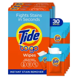 Tide To Go Stain Remover Wipes for Clothes, Instant Laundry Travel Stain & Spot Remover, 3 Pack, (30 Wipes Total)