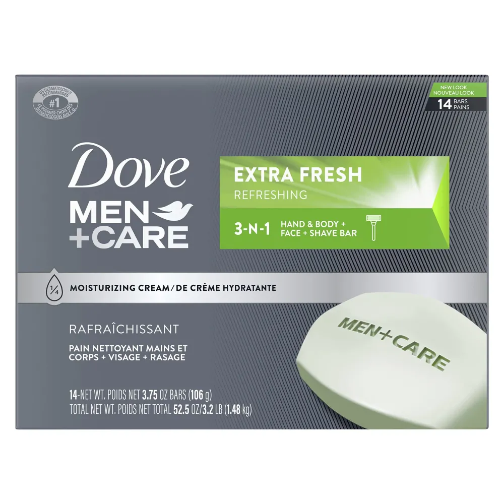 Dove Men+Care Bar 3 in 1 Cleanser for Body, Face, and Shaving Extra Fresh 14 Bars to Clean and Hydrate Skin Body and Facial Cleanser Mandarin Citrus, Patchouli, and Rosemary scent 3.75 oz Dove Men+Care Bar 3 in 1 Cleanser for Body, Face, and Shaving Extra Fresh 14 Bars to Clean and Hydrate Skin Body and Facial Cleanser Mandarin Citrus, Patchouli, and Rosemary scent 3.75 oz