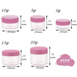 ZEJIA 10pcs Small Travel Containers, Pink Sample Containers with Screw Lids, 5 Size 3/5/10/15/20 Gram Sample Jars with 12pcs Labels and 2pcs Mini Disposable Spatula, Makeup Sample Containers BPA Free
