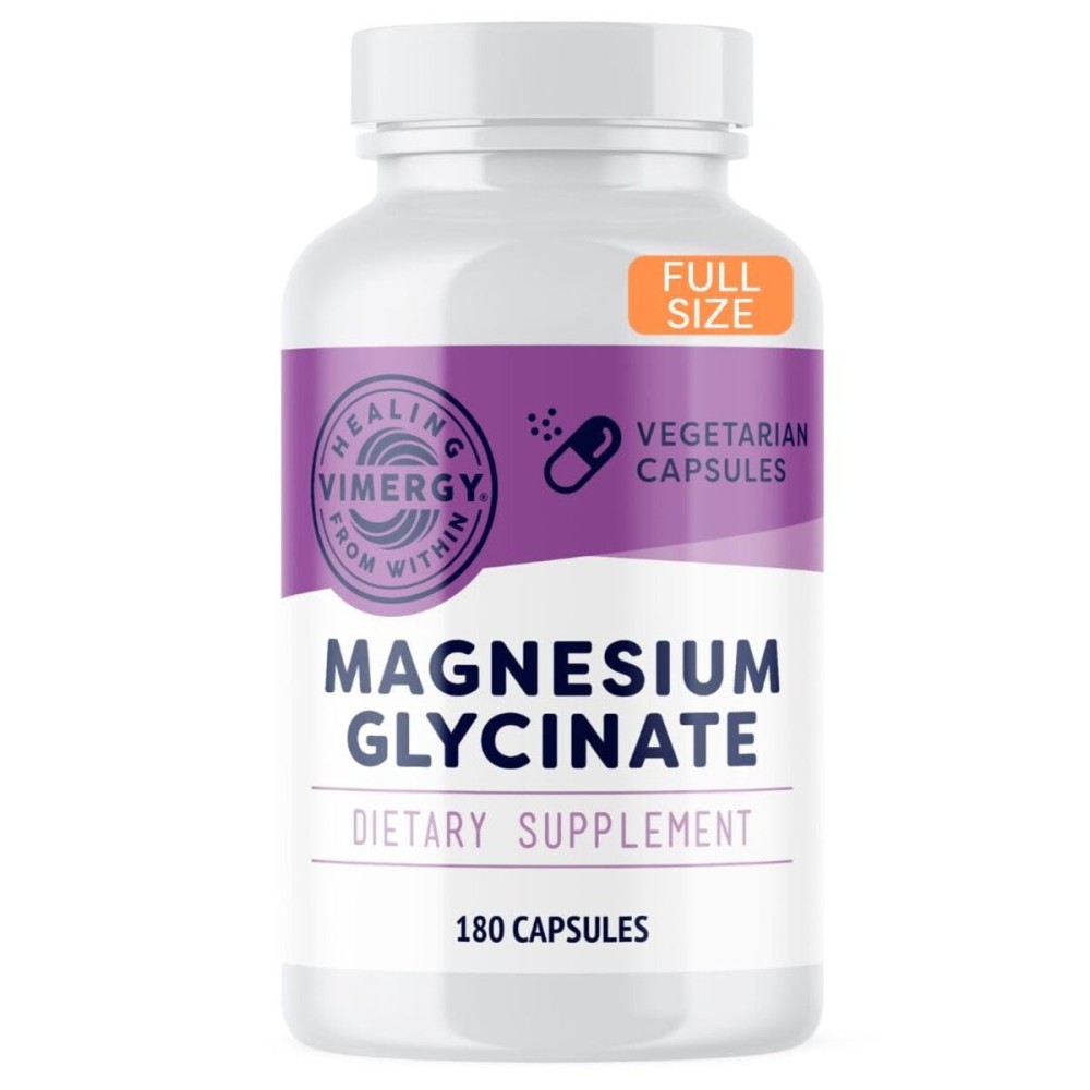 Vimergy Magnesium Glycinate - Stress Support - Chelated to Avoid Tummy Upset*- Promotes Heart Health & Energy*- Kosher, Vegan Gluten-Free - 180 Caps Vimergy Magnesium Glycinate - Stress Support - Chelated to Avoid Tummy Upset*- Promotes Heart Health & Energy*- Kosher, Vegan Gluten-Free - 180 Caps