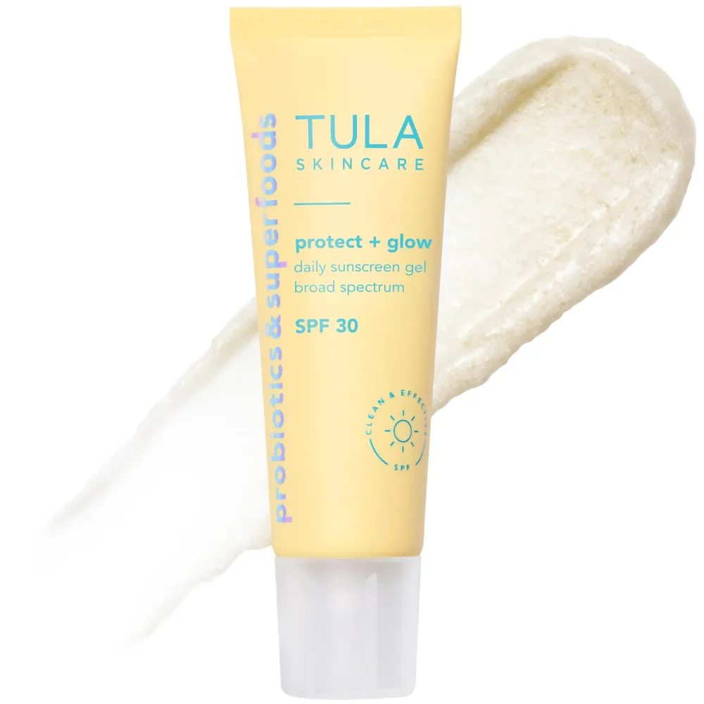TULA Skin Care Protect + Glow Daily Sunscreen - Gel, Broad Spectrum SPF 30, Skincare-First, Non-Greasy, Non-Comedogenic and Reef-Safe with Pollution and Blue Light Protection, Regular, 1.7 fl oz. TULA Skin Care Protect + Glow Daily Sunscreen - Gel, Broad Spectrum SPF 30, Skincare-First, Non-Greasy, Non-Comedogenic and Reef-Safe with Pollution and Blue Light Protection, Regular, 1.7 fl oz.