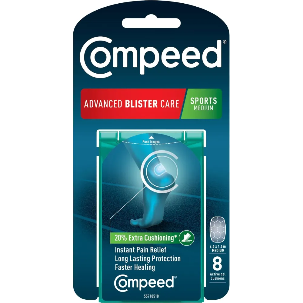 Compeed Advanced Blister Care - 8 Count Sports Medium (2 Packs), Hydrocolloid Bandages, Heel Blister Patches, Waterproof Cushions Compeed Advanced Blister Care - 8 Count Sports Medium (2 Packs), Hydrocolloid Bandages, Heel Blister Patches, Waterproof Cushions