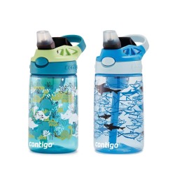 Contigo Aubrey Kids Dinos & Sharks Cleanable Water Bottle with Silicone Straw Spill-Proof Lid Dishwasher Safe 14oz 2-Pack