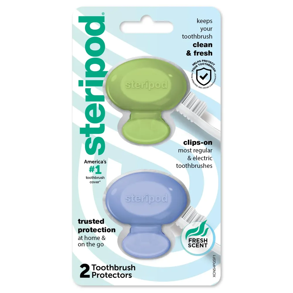 Steripod Clip-On Toothbrush Protector, Green and Blue, 2 Count Steripod Clip-On Toothbrush Protector, Green and Blue, 2 Count