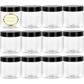 TUZAZO 4 Oz Plastic Container Jars with Lids and Labels BPA Free, Empty Round Clear Cosmetic Slime Jars for Lotion, Cream, Ointments, Body Butter, Makeup, Travel Storage (12 Pack)