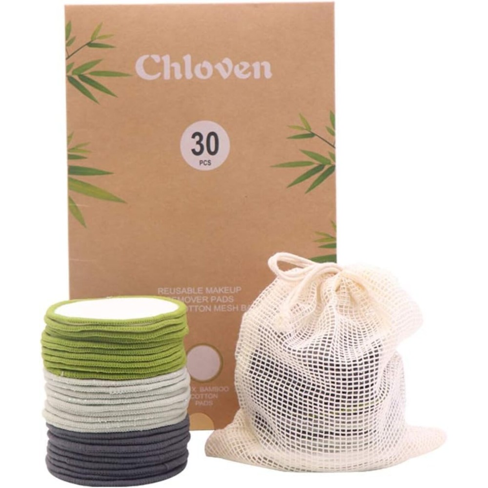 Chloven 30 Pack Reusable Makeup Remover Pads - Bamboo Cotton Rounds for Toner, Washable, Eco-Friendly for All Skin Types with Cotton Laundry Bag Chloven 30 Pack Reusable Makeup Remover Pads - Bamboo Cotton Rounds for Toner, Washable, Eco-Friendly for All Skin Types with Cotton Laundry Bag