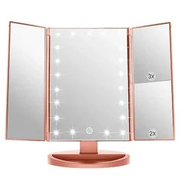 Infitrans 3 Folds Lighted Vanity Makeup Mirror,1X/2X/3X Magnification, 21 LED Light Bright Table Mirror with Touch Screen,180 Adjustable Rotation,Portable Travel Cosmetic Mirror