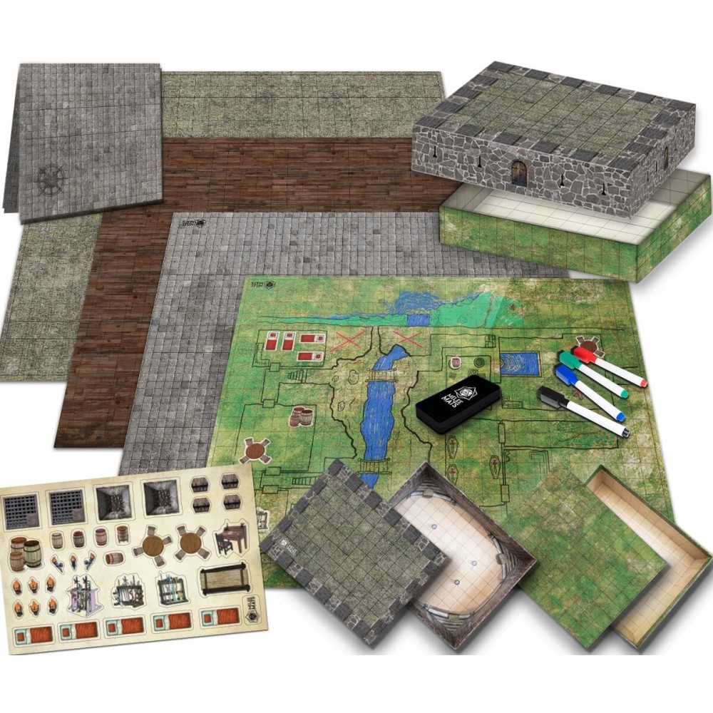 Melee Mats DND Map Starter Kit - 22 x 26 Double Sided, Wet/Dry Erase Battle Terrain Grid - Ultimate Tabletop Board Gaming Experience with Accessories
