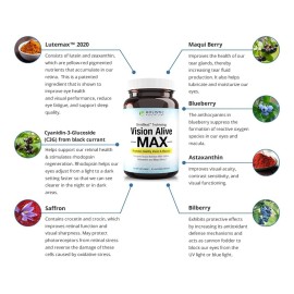 Holistic Health Labs Vision Alive Max with 8 Natural Ingredients Lutemax 2020, Bilberries, Blueberries, c3g from Black Currant, Maqui Berry, Saffron, and Astaxanthin (30 Count (Pack of 1)) Holistic Health Labs Vision Alive Max with 8 Natural Ingredients Lutemax 2020, Bilberries, Blueberries, c3g from Black Currant, Maqui Berry, Saffron, and Astaxanthin (30 Count (Pack of 1))