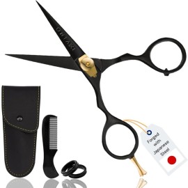 Ontaki 5.5 Beard & Hair Trimming Scissors - Professional Japanese Steel Hand-Forged Barber Shears for Mustache, Bangs, Men, Pets (Gold & Black) - Hair Scissors