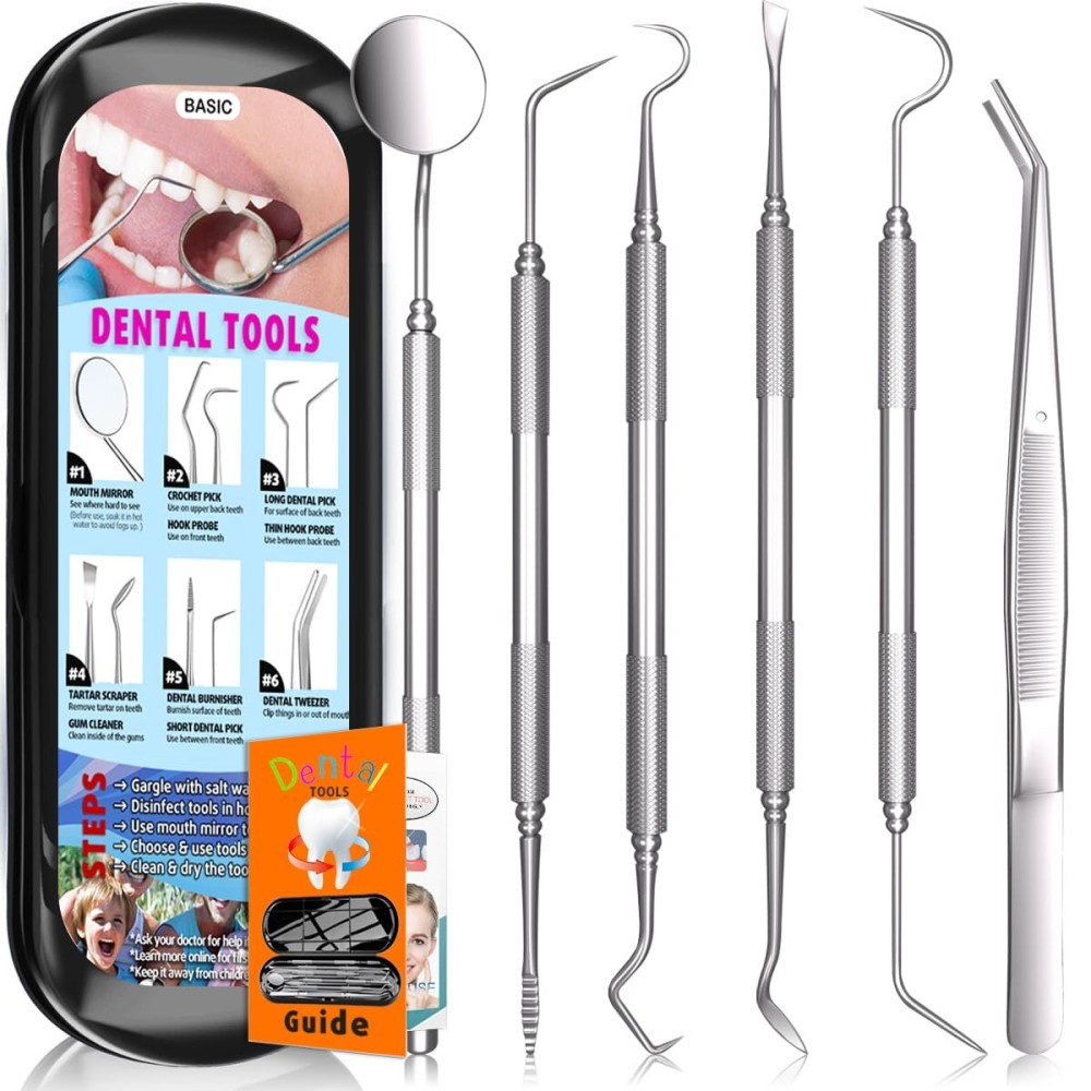 Dental Tools Plaque Remover Teeth Cleaning Tools Kit 6 Pcs Dental Care Kit Stainless Steel Dental Pick Tartar Remover Tool for Home/Travel/Pet Care-Storage Case Included