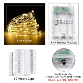 Photo String Lights with Clips for Hanging: 33Ft 100LED & Timer Fairy Light with 50 Clear Clip for Picture Display - Indoor Bedroom Room Dorm Wall Decor - Christmas Party Wedding Romantic Lighting Photo String Lights with Clips for Hanging: 33Ft 100LED & Timer Fairy Light with 50 Clear Clip for Picture Display - Indoor Bedroom Room Dorm Wall Decor - Christmas Party Wedding Romantic Lighting