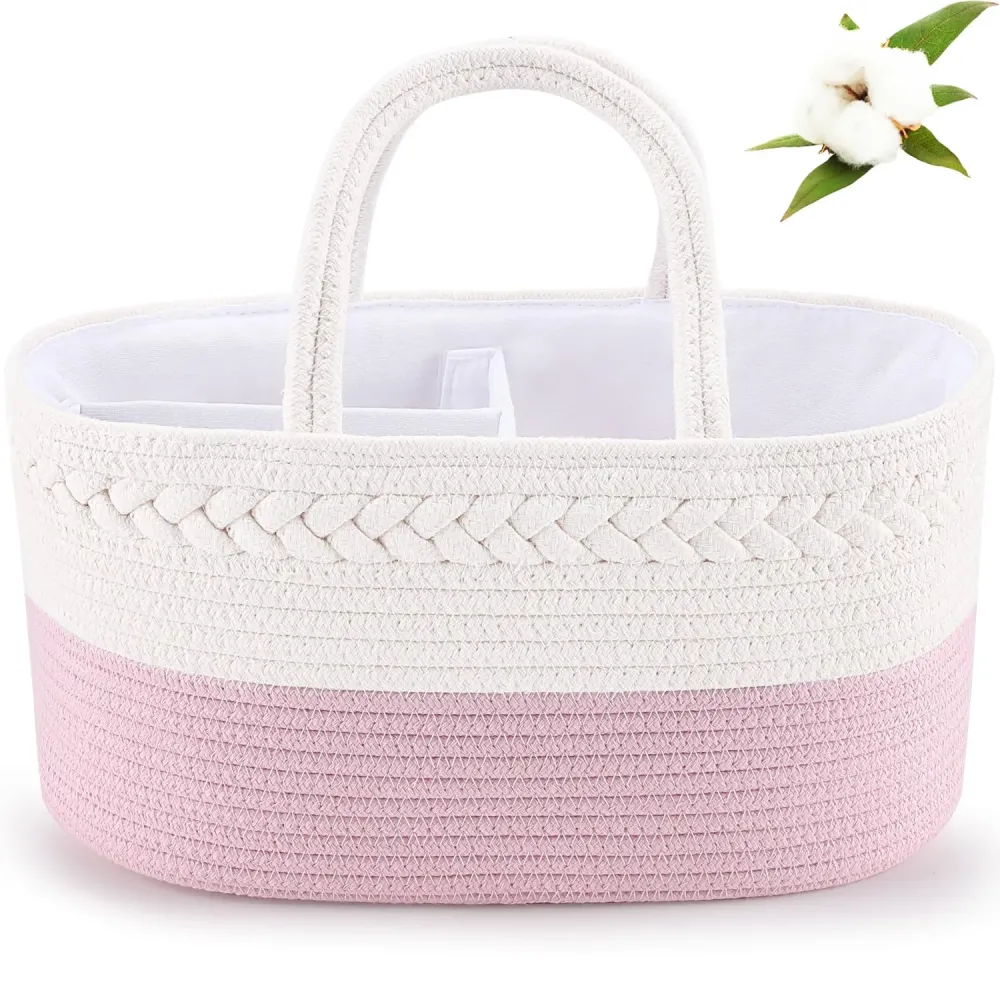 ABenkle Diaper Caddy Organizer - Cotton Rope Nursery Storage Basket for Baby Essentials, Boys & Girls Shower Gift, Changing Table Organizer, Pink ABenkle Diaper Caddy Organizer - Cotton Rope Nursery Storage Basket for Baby Essentials, Boys & Girls Shower Gift, Changing Table Organizer, Pink
