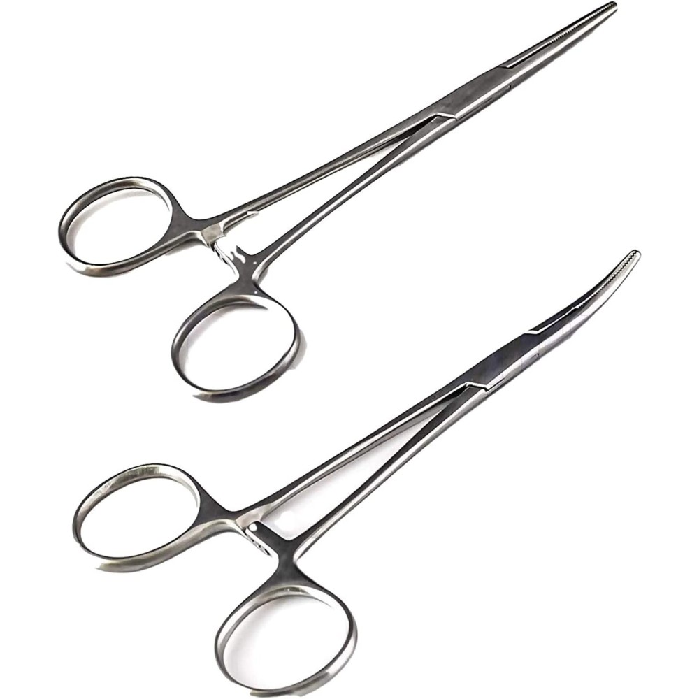 SURGICAL ONLINE Versatile Angling Tools with 2pc 5 Inch Fishing Forceps Set - Stainless Steel, Curved & Straight Hemostats, Serrated Jaws, Locking Mechanism, and Lightweight Design