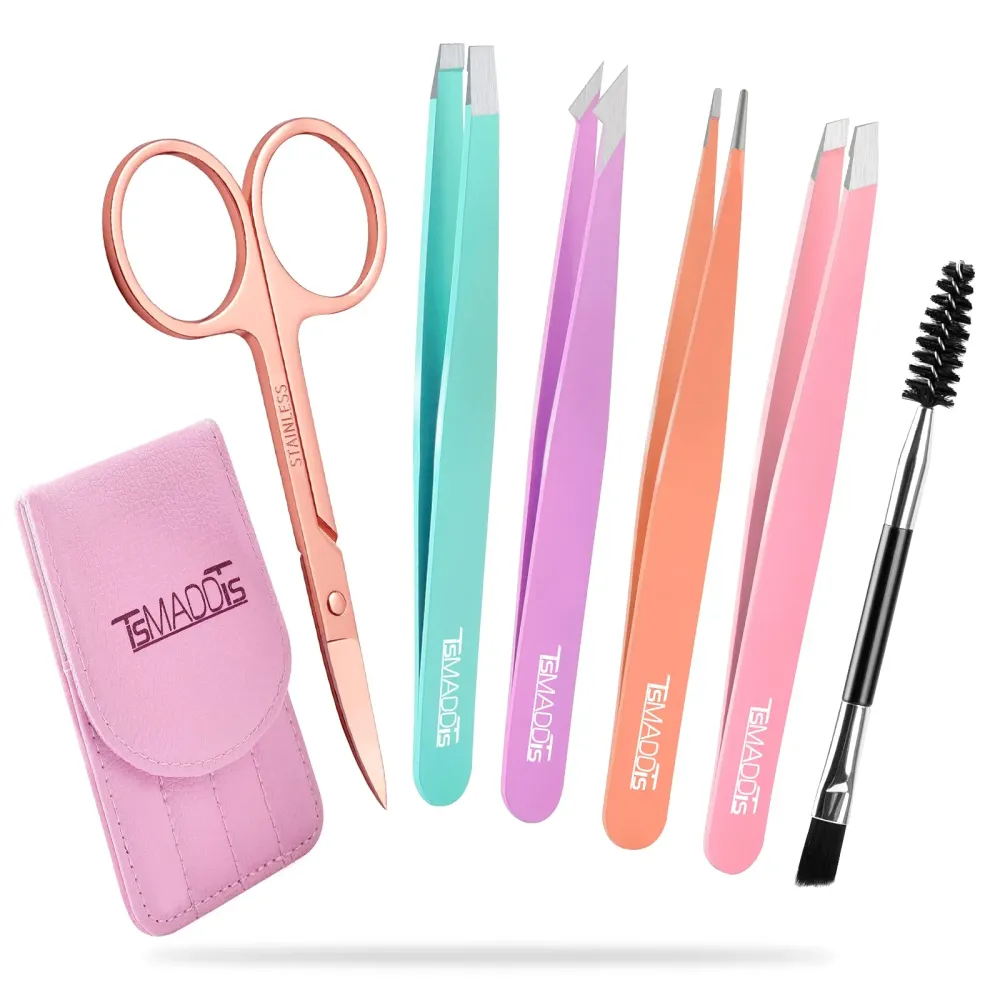TsMADDTs 6 PCS Tweezers Set for Women, Eyebrow Tweezers with Curved Scissor for Ingrown Hair, Hair Plucking Daily Beauty Tools with Leather Travel Case TsMADDTs 6 PCS Tweezers Set for Women, Eyebrow Tweezers with Curved Scissor for Ingrown Hair, Hair Plucking Daily Beauty Tools with Leather Travel Case