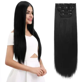 REECHO 28 Straight Super Long 4 PCS Set Thick Clip in on Hair Extensions Natural Black