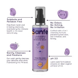 Sanfe Natural Intimate Wash, 3 in 1 - No Odour, No Itching, No Irritation - Lavender & Chamomile (100ml) Sanfe Natural Intimate Wash, 3 in 1 - No Odour, No Itching, No Irritation - Lavender & Chamomile (100ml)