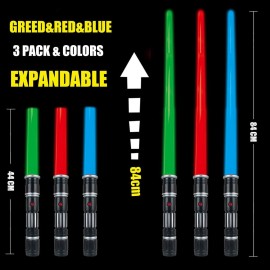 3 pack 3 colors Light Up Swords Saber with FX Sound(Motion Sensitive) and Realistic Handle for Kid, Expandable Light Toy for Halloween Dress Up Parties, Xmas Present, Galaxy War Fighters and Warriors 3 pack 3 colors Light Up Swords Saber with FX Sound(Motion Sensitive) and Realistic Handle for Kid, Expandable Light Toy for Halloween Dress Up Parties, Xmas Present, Galaxy War Fighters and Warriors
