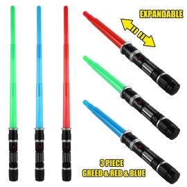 3 pack 3 colors Light Up Swords Saber with FX Sound(Motion Sensitive) and Realistic Handle for Kid, Expandable Light Toy for Halloween Dress Up Parties, Xmas Present, Galaxy War Fighters and Warriors 3 pack 3 colors Light Up Swords Saber with FX Sound(Motion Sensitive) and Realistic Handle for Kid, Expandable Light Toy for Halloween Dress Up Parties, Xmas Present, Galaxy War Fighters and Warriors
