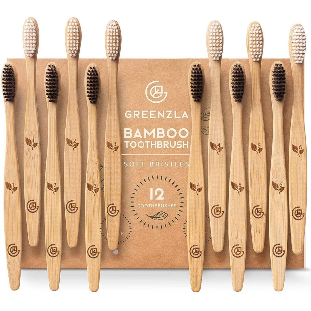 GREENZLA Bamboo Toothbrushes for Adults, Wooden Toothbrush Set with Sturdy Soft Bristles, Includes Brush Travel Case and Charcoal Dental Floss, 12 Pack GREENZLA Bamboo Toothbrushes for Adults, Wooden Toothbrush Set with Sturdy Soft Bristles, Includes Brush Travel Case and Charcoal Dental Floss, 12 Pack