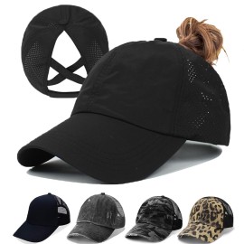 Criss Cross Hat Washed Distressed Baseball Cap Ponytail Hat High Messy Bun Ponycap for Women