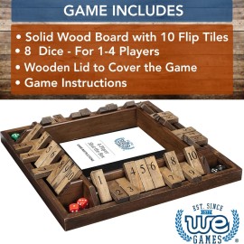WE Games Shut The Box Board Game - Classic 4 Player Wooden Table Top Dice Game for Family Game Night, Walnut Stained Wood, 14 in., 10 Numbers, Classroom Play or Bar Fun for Adults