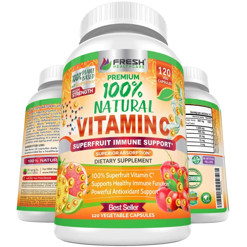 Fresh Healthcare 100% Natural Vitamin C - 500mg from Rose HIPS, Acerola Cherry & Camu Camu - High Absorption Immune Support, Skin, Joint & Collagen Booster with Citrus Biflavonoids - 120 Capsules Fresh Healthcare 100% Natural Vitamin C - 500mg from Rose HIPS, Acerola Cherry & Camu Camu - High Absorption Immune Support, Skin, Joint & Collagen Booster with Citrus Biflavonoids - 120 Capsules