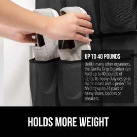 GORILLA GRIP Over the Door Shoe Organizer, 24 Large Breathable Mesh Pockets, Space Saving Hanging Storage Holder, Closet Rack Hanger Holds Up to 40 lbs, Hangs on Closets for Shoes, Accessories, Black GORILLA GRIP Over the Door Shoe Organizer, 24 Large Breathable Mesh Pockets, Space Saving Hanging Storage Holder, Closet Rack Hanger Holds Up to 40 lbs, Hangs on Closets for Shoes, Accessories, Black