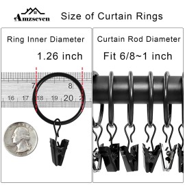 AMZSEVEN 40 Pack Curtain Rings with Clips, Drapery Clips with Rings, Drapes Rings 1.26 in Interior Diameter, Fits up to 1 in Curtain Rod, Black