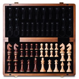 A&A 15 Magnetic Wooden Chess Set, Handmade 3 King Height Knight Staunton Chess Pieces with 2 Extra Queen, Folding Portable Travel Game Set