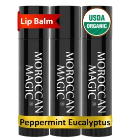 Moroccan Magic Organic Peppermint Eucalyptus Lip Balm 3 Pack | Chapsticks for Dry Lips | Natural Argan & Essential Oils Lip Moisturizer + Vitamin E | Smooth, Hydrating, Non-Toxic | Organic Lip Balm