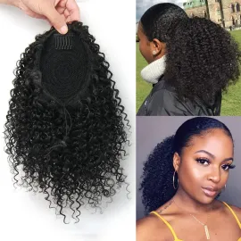 Short Afro Kinky Curly Ponytail Hair Piece for African American Ponytail Extension Synthetic Afro Kinky Curly Ponytail for Women (Black(1B))